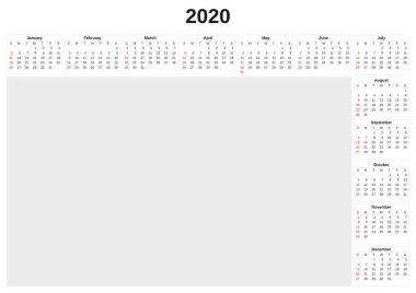 2020 beyaz arka plan ile yıllık takvim.