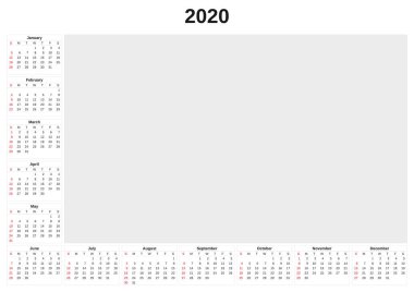 2020 beyaz arka plan ile yıllık takvim.