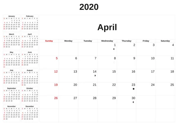 2020-ra a havi naptár fehér háttér. — Stock Fotó