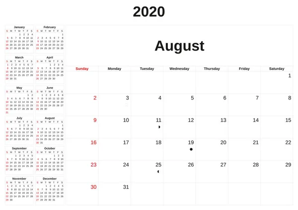 2020 un calendario mensual con fondo blanco . — Foto de Stock