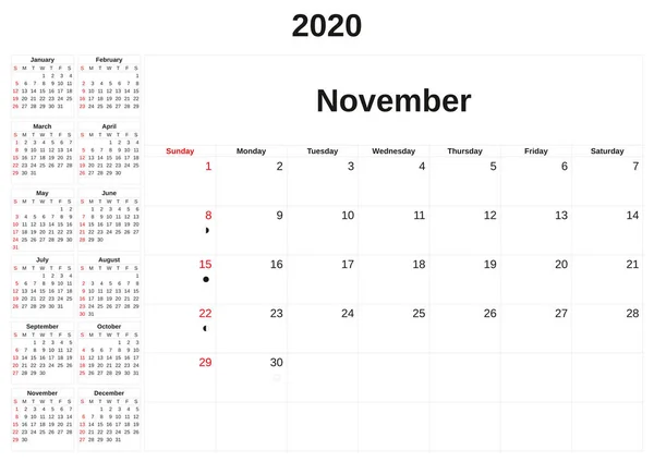 2020 um calendário mensal com fundo branco . — Fotografia de Stock