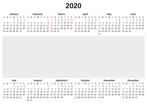 2020 annual calendar with white background. — Stock Photo, Image