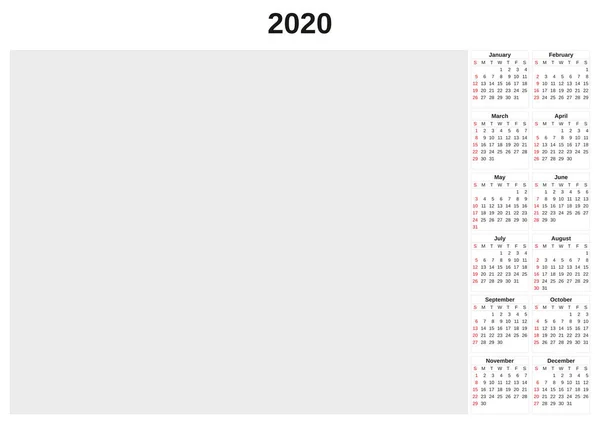 2020 annual calendar with white background. — Stock Photo, Image