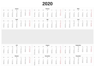 2020 beyaz arka plan ile yıllık takvim.