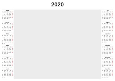 2020 beyaz arka plan ile yıllık takvim.