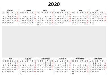 2020 beyaz arka plan ile yıllık takvim.