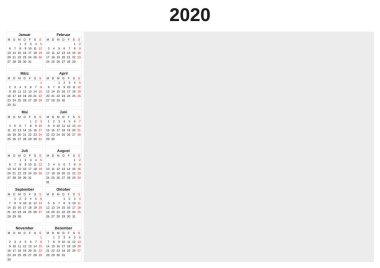 2020 beyaz arka plan ile yıllık takvim.