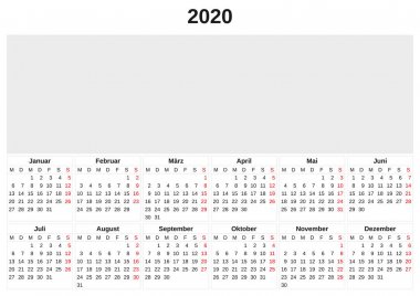 2020 beyaz arka plan ile yıllık takvim.