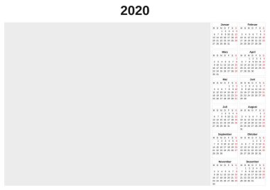 2020 beyaz arka plan ile yıllık takvim.