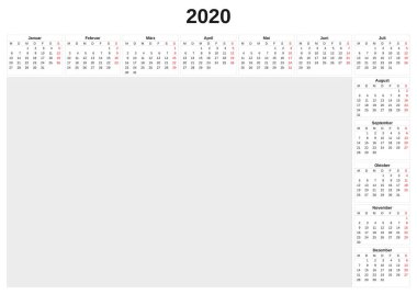 2020 beyaz arka plan ile yıllık takvim.