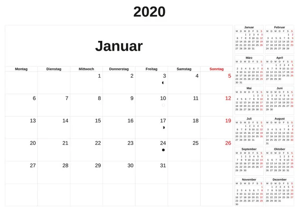 2020 щомісяця календаря з білим тлом німецькою мовою. — стокове фото