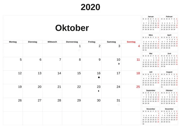 2020 a monthly calendar  with white background in German. — Stock Photo, Image