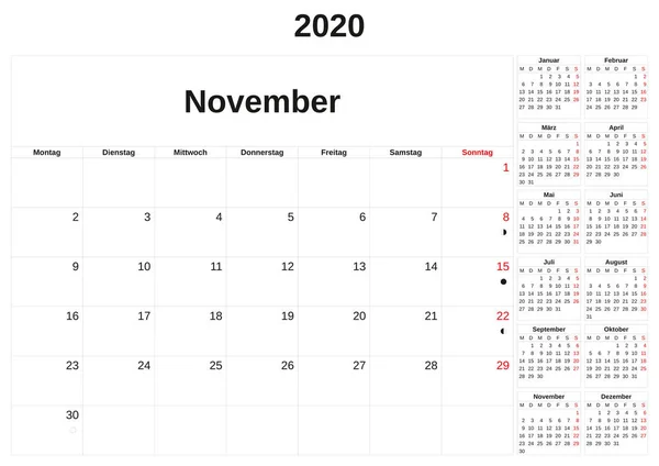 2020 um calendário mensal com fundo branco em alemão . — Fotografia de Stock