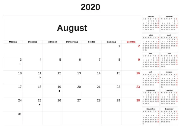 2020 en månatlig kalender med vit bakgrund i tyska. — Stockfoto