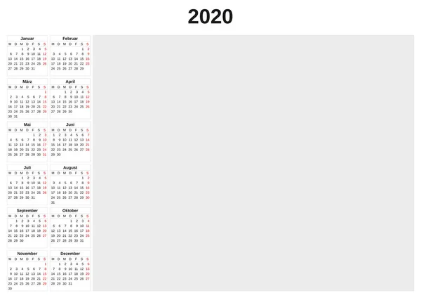 2020 annual calendar with white background. — Stock Photo, Image