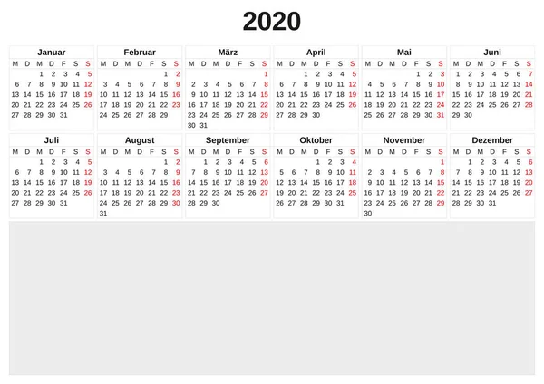 2020 beyaz arka plan ile yıllık takvim. — Stok fotoğraf