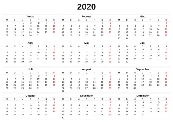 Jahreskalender 2020 mit weißem Hintergrund. lizenzfreie Stockfotos