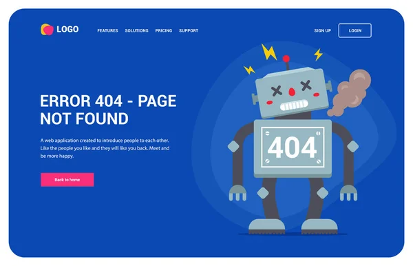 Web site error 404 with a broken robot. home button. character
