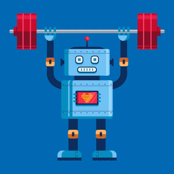 cute robot raises the barbell in full growth.