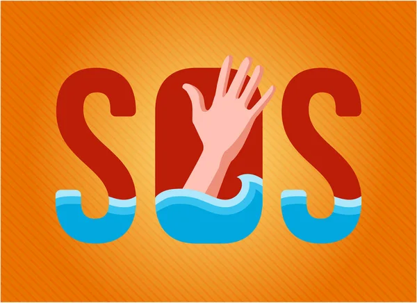 sinking person asks for help. inscribed in the sign sos. on an orange background. outstretched hand.