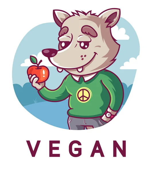 Cute wolf holding an apple. Peaceful vegan.