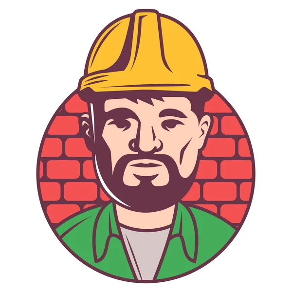 Color builder icon in helmet on bricks background. adult foreman with borada inscribed in a circle.