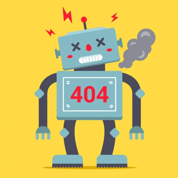A cute robot is standing tall. It is broken and smoking. Error 404 for internet site.