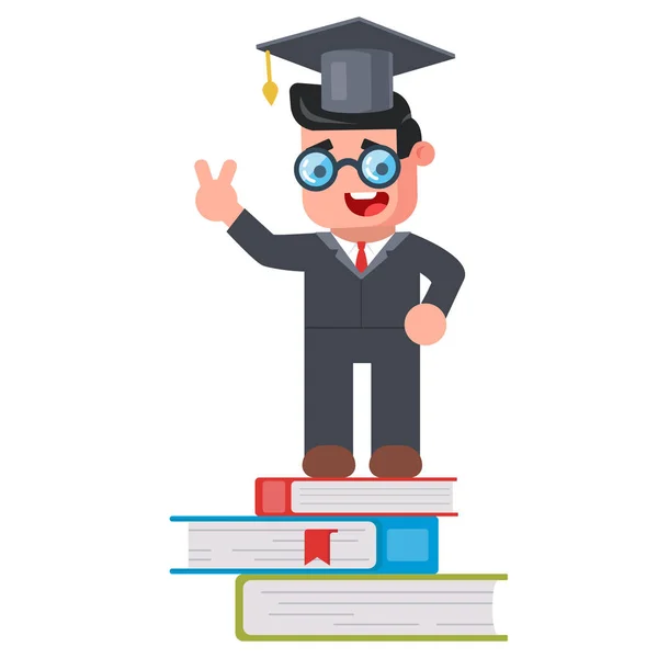 joy man with glasses and a cap stands on big books
