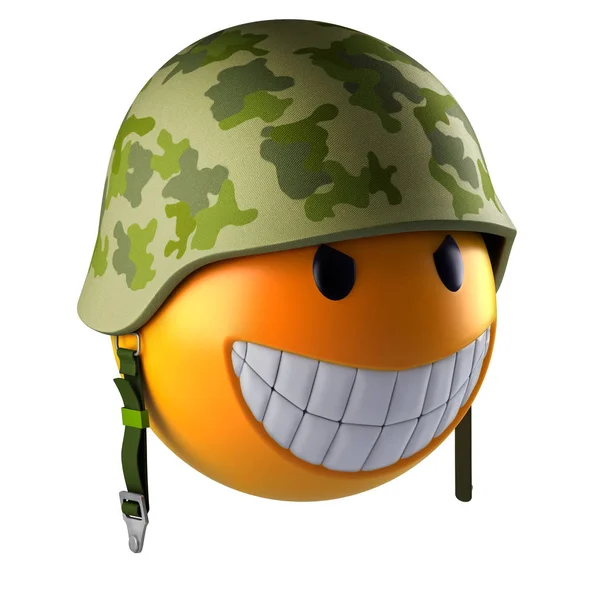 Sorriso Rosto Emoji Esfera Com Capacete Militar Render — Fotografia de Stock