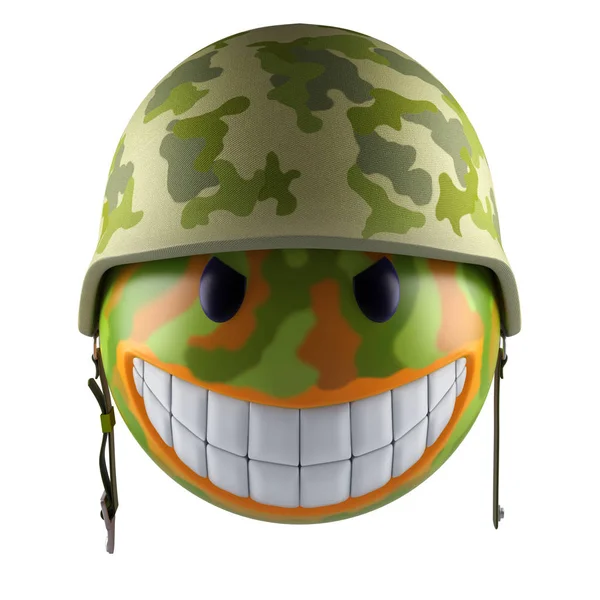 Sorriso Faccia Sfera Emoji Con Casco Militare Rendering — Foto Stock
