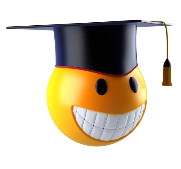 Glimlach Bol Emoticon Met Afstuderen Student Dop Render Rechtenvrije Stockfoto's