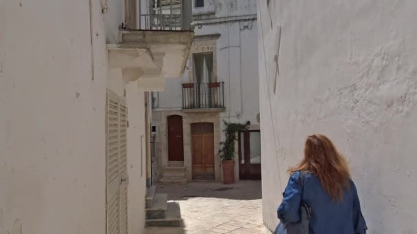 意大利 普利亚地区 Locorotondo 中世纪起源的历史中心由狭窄的街道和狭窄的街道 与粉刷的房子和花组成 游客来访 时间失效 — 图库视频影像