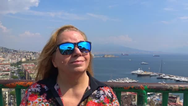 Naples Tourist Looks Camera Panorama View City Background — Stock Video