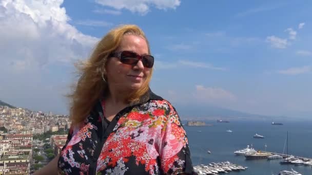 Naples Tourist Looks Camera Panorama View City Background — Stock Video