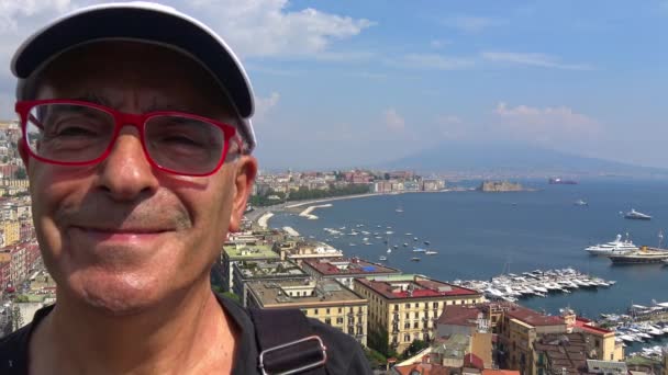 Naples Tourist Looks Camera Panorama View City Background — Stock Video