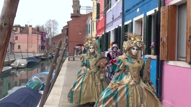 Veneza Carnaval 2019 Pessoas Mascaradas Caminham Pela Ilha Burano Posam — Vídeo de Stock