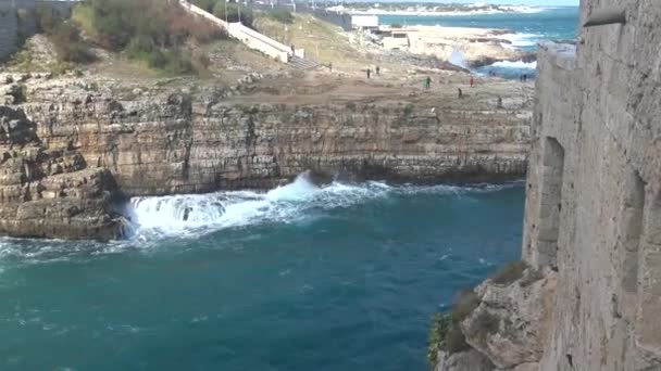 Italien Polignano Mare Utsikt Över Klipporna Monachile Lama Zoom — Stockvideo