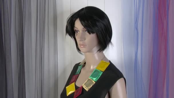 Weibliche Schaufensterpuppe Posiert Nahaufnahme Für Modevideo Mit Kondomhalskette Fps — Stockvideo