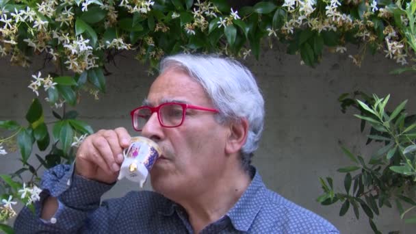 Close Italian European Man Posing While Eating Drinks Coffee Ancient — Stock Video