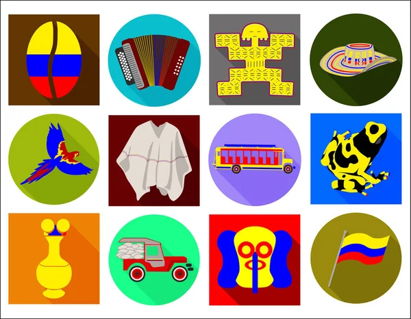 Colombian Flat Long Shadow Icons Colombian Culture Vector Set — Stock Vector