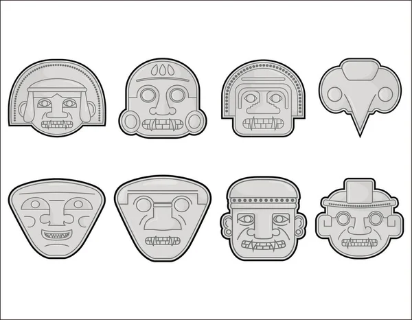 Cabezas Esculturas Colombianas Prehispánicas San Agustín Set Ilustración Vectorial — Vector de stock