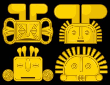 Ancient Colombian golden heads of some pre hispanic native cultures,Vector Illustration Set in black background. clipart