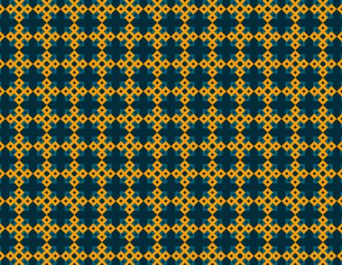 Geometrik sarı ve mavi elmaslar ve kareler arka planda koyu mavi kolaj seti. Bizans desenlerine dayanan sanat