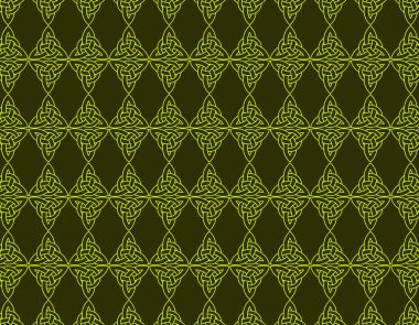 Geometrik yeşil düğümler arka planda koyu yeşil olan kolajı tekrarlar. Kelt Sanatına dayanır