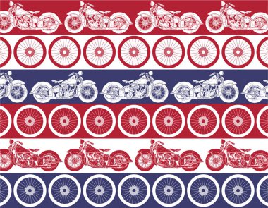 Klasik motosiklet ve bisiklet tekeri vektör kolajı Amerika Birleşik Devletleri bayrak rengi ve barrs desenli arka planda