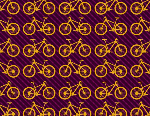 マウンテンバイクベクトルセットコラージュと鮮やかな黄色と紫の色と自転車チェーンパターンを背景に — ストックベクタ