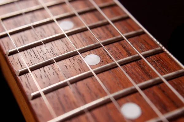 Fotografia Macro Para Seis Cordas Guitarra Elétrica Painéis Madeira Instrumentos — Fotografia de Stock