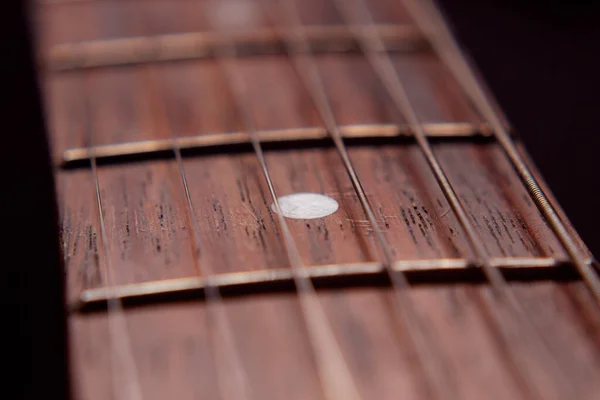 Macro Fotografie Naar Een Zestal Elektrische Gitaarsnaren Houten Fretboards Vintage — Stockfoto