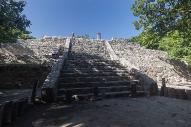 Güneşli bir günde eski bir Maya piramit yapısı merdiveni Cancun Mexico 'nun ortasındaki San Miguelito arkeolojik sahasına çıkıyor.