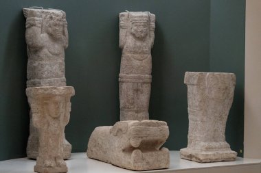 Cancun Maya Müzesi 'ne hayvan ve insan formlarıyla oyulmuş beş güzel Maya taşı.
